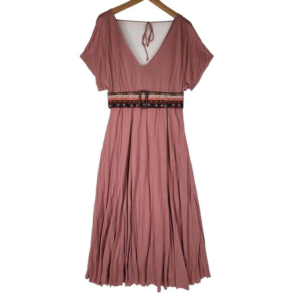 VTG Sweetees Pink V-Neck Short Sleeve Midi Dress Embroidered Belt Boho Medium
